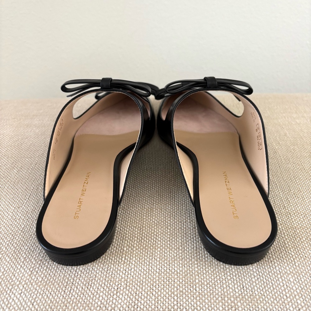 Stuart Weitzman Reese Flat Slide NIB Black Leather Mary-Jane Bows Pointy Toes 8 - Picture 8 of 15
